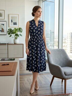 Anne Klein Ginkgo Leaf Floral Midi Sleeveless Dress Black Multi Sz 8